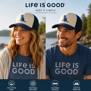 Life is Good Sitting Dog Trucker Hat Cap Embroidered White Blue Mesh Snapback